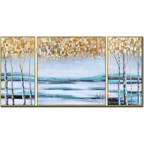 Landscape Painting White Tree Stem With Golden Leaves 100% Handpainted Abstract Wall Art Home Decoration On Canvas Beautiful
