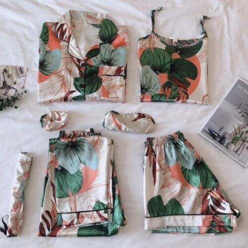 Women Pajamas Set 7 Pieces Satin Stripes Faux Silk Printing Pajamas For Woman Spring Summer Sleepwear Homewear