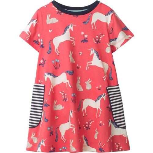 Girls O-neck Short Sleeve Casual Fashion White Horse Design Summer A-line Dresses 100% Cotton Streetwear Top Dresses