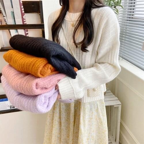 ZJZLL Autumn and Winter Korean Style Retro Striped Simple Monochrome Loose Pullover Knitted Comfortable Sweater Top Womens Coat