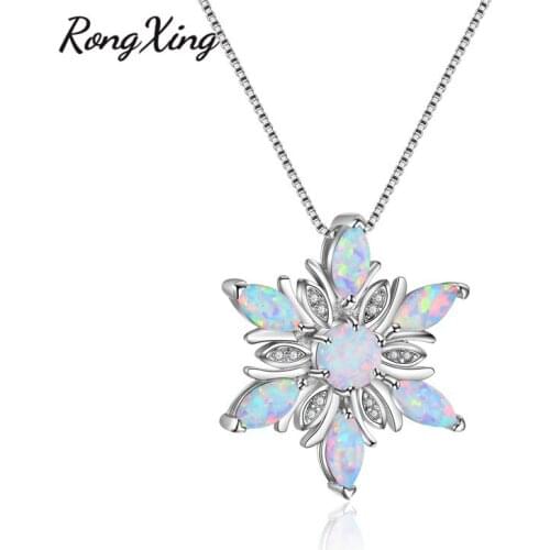 RongXing Luxury 925 Sterling Silver Snowflake Pendants CZ Blue/Pink/White Fire Opal Birthstone Flower Necklaces For Women NL0123