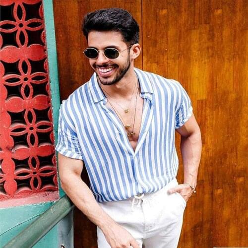 Men Summer Casual Shirts Stripes Short Sleeve Shirt Striped Button Down Shirt Fashion Clothes