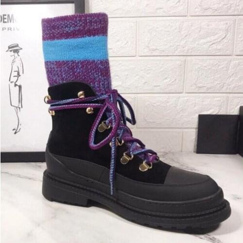 Woolen socks elasticity colorful long boots Street Style knitting lace up thick bottom warm winter shoes woman Martin Boots