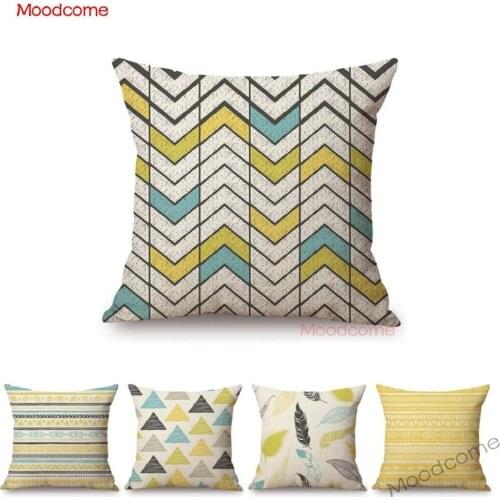 Nordic Concise European Geometric Style Home Decorative Sofa Pillow Case Cotton Linen Car Pillow Chair Seat Cushion Cover Yellow Green Art