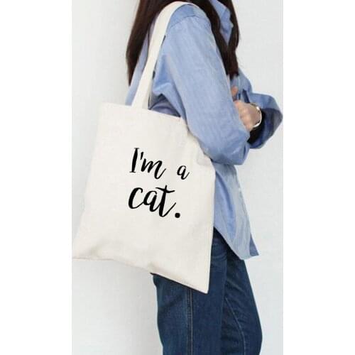 I 'm A Cat Print Letter Graphics Tote ECO Shopping Outdoor Canvas Shoulder Bags Shopping Bag Fashion Simple Foldable Kpop