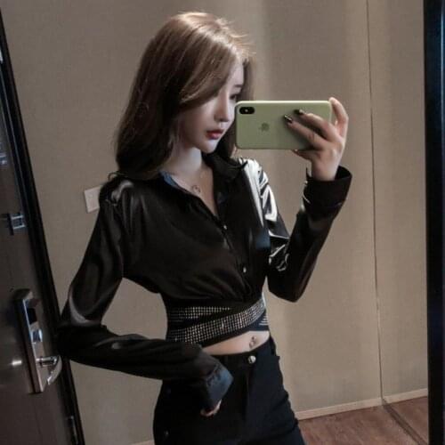 Retro 2020 Loose-Fitting Cropped Rhinestone Black Shirt Blusas Ropa De Mujer