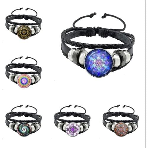Vintage Om Yoga Chakra Mandala Snap Button Leather Bracelets Classic Flower of Life Tree Adjutable Leather Bangle Jewelry
