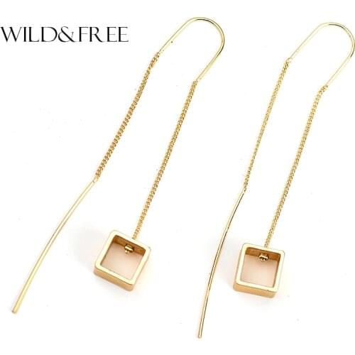 WILD & FREE Women Gold Zinc Alloy Long Ear Line Drop Earrings Vintage Hollow Square Europe Punk Long Line Dangle Earring Jewelry