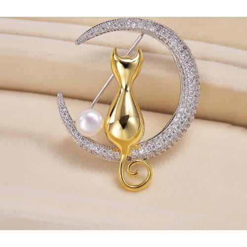 SINZRY NEW Korean stylish costume jewelry AAA cubic zirconia lovely cat freshwater pearl brooches pin for female