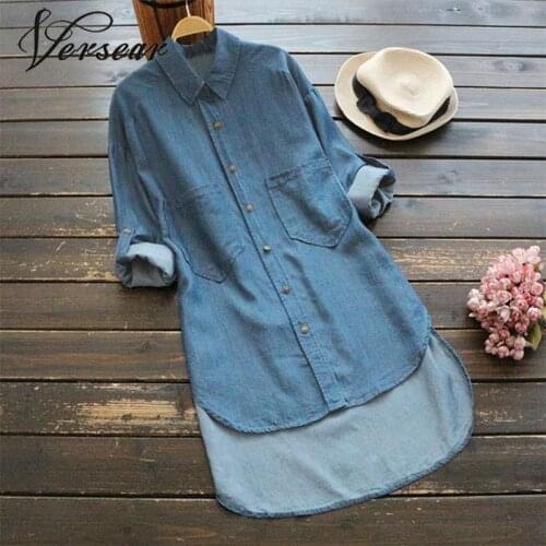 Versear Women Plus Size Denim Blue Shirts Turn Down Collar Rolled Long Sleeve Pocket Irregular Hem Loose Blouse Jean Tunic Blusa