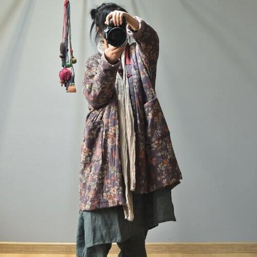 Women Loose retro Printed V Neck Parkas Padded Coat Outerwear Ladies Vintage Coat Female Topcoat 2020 Winter Coat