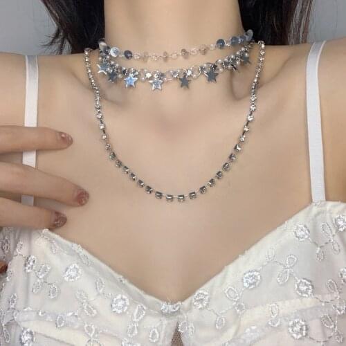 Silver Color Multilayer Chain Fashion Temperament Korean Necklaces For Women Girls Geometric Sequin Stars Choker Necklace Bijoux