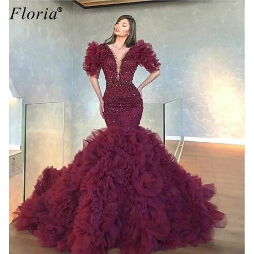 Dubai Burgundy Crystals Evening Dresses Mermaid Beading Prom Dresses 2020 Elegant Party Dresses Abiye Gece Elbisesi Gowns