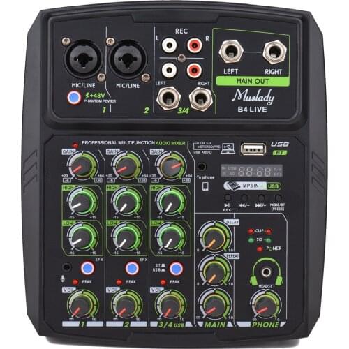 Muslady 4-Channel Audio Mixer Mixing Console LED Screen Built-in Soundcard USB BT Connection with 2-band EQ Gain Delay