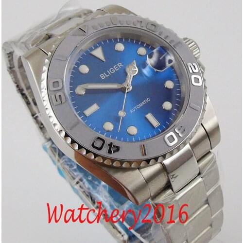 BLIGER 40mm blue dial luminous hands Sapphire Glass Date stainless steel NH35 automatic movement Mens Watch