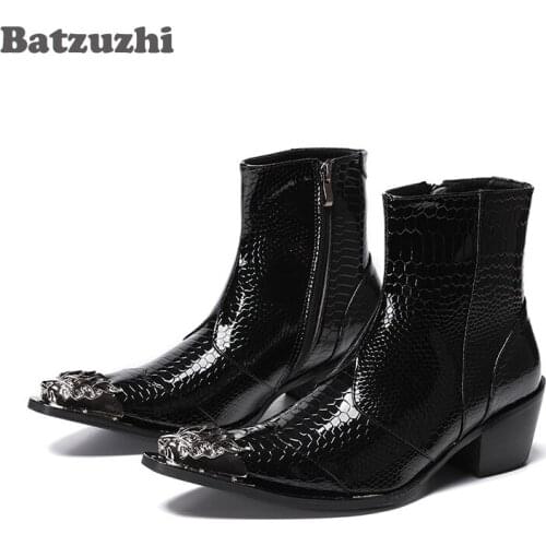 Batzuzhi 6.5CM High Heel Men Boots Black Genuine Leather Ankle Boots Men Metal Pointed Toe Zip Motorcycle Party Boots Botas Hom