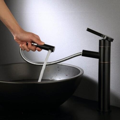 American-style black drawback basin top Basin cold and hot all copper European-style retractable shampoo faucet