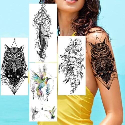 Geometric Owl Temporary Tattoos Sticker Waterproof Black Flower Tatoos Fake Hummingbird Whale Tatoo For Women Men Body Art Tatoo