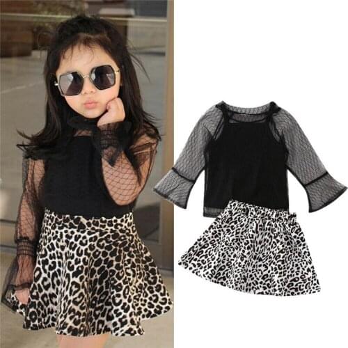 3Pcs Toddler Kids Baby Girls Summer Lace Long Sleeve Shirt T-shirt Tops Leopard Ruffle Mini Skirt Clothes Outfits Set 1-5Y