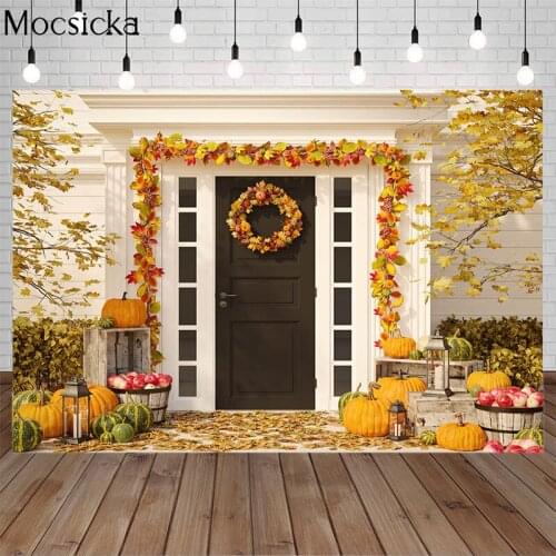 Mocsicka Autumn pumpkin Photography Background Fallen Leaves Courtyard Door Backdrop Newborn Baby Child Portrait Photo Studio