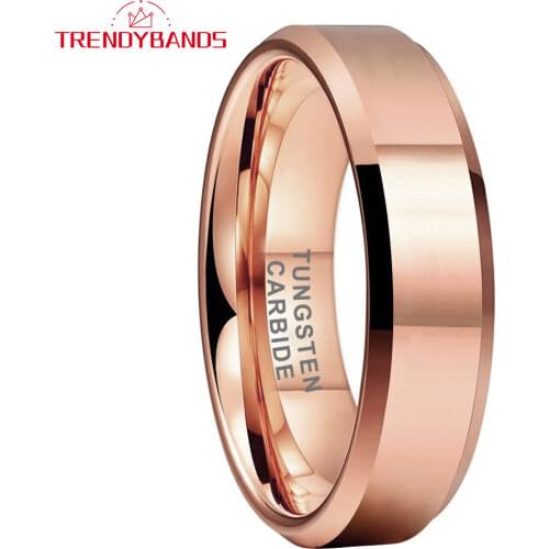6MM Rose Gold Tungsten Carbide Engagement Rings For Women Men Wedding Band Beveled Edges High Polished Shiny Comfort Fit