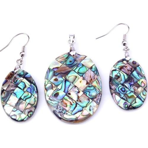 Trendy-beads Silver Plated Abalone Shell Oval Shape Pendant Drop Earrings Statement Jewelry Sets