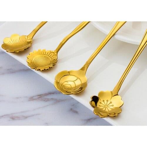 Stainless Steel Spoon Long Handle Teaspoon Flower Shape Coffee Dessert Ice Cream Spoon Kitchen Accessories Golden Dinnerware