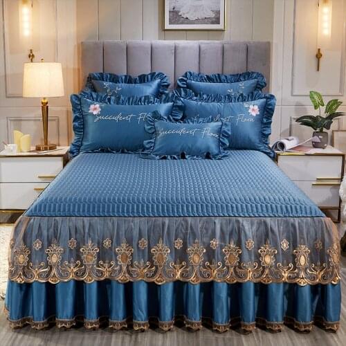 2020 new Solid color embroidery Satin Silk Quilting Bed spread Fitted Sheet Pillowcases 2/3 pcs Double lace Princess bedding