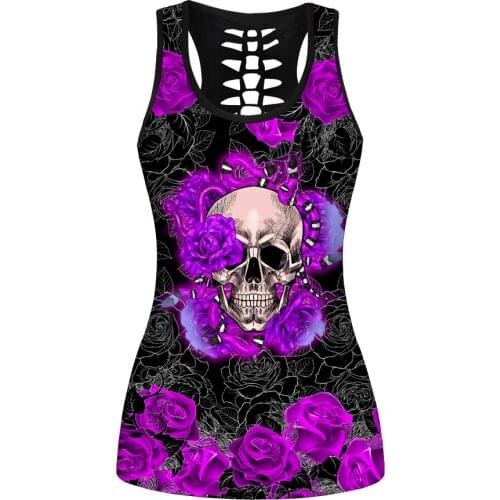 New Summer Women Sports Tops Skull Skeleton Printing Purple Running Vests 6 Patterns S To 4xL