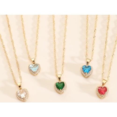 Fashion Colorful Crystal Heart Charm Pendant Necklace for Women Girl Simple Gold Color Clavicle Chain Necklace Wedding Jewelry