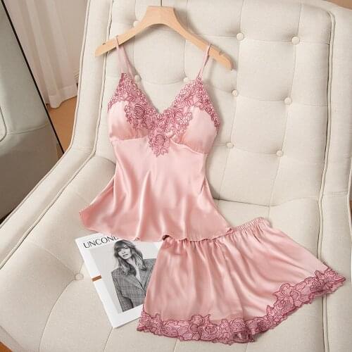 Sexy Pajamas Set For Women Summer Thin Silk Rayon Pyjama Pour Femm Suspender Sleepwear Cami Shorts Suit Patchwork Lace Lingerie