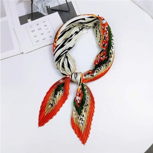 Yishine Pleated Square Scarf Small Silk Neck Wear for Women Crumple Fashion Pattern Crinkle Print Foulard Female Handkerchief