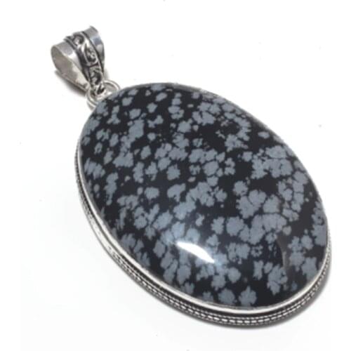 Genuine Snowflake Obsidian Pendant Silver , Hand made Women Lady FineJewelry gift, 67 mm, P9650
