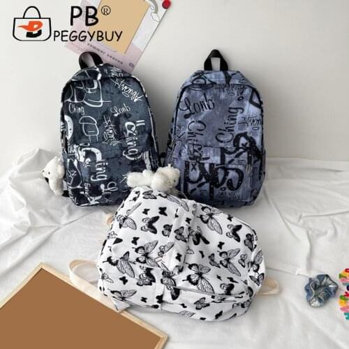 Graffiti Butterfly Printing Oxford Cloth Backpack with Bear Pendant Leisure Ladies Preppy Style Large Capacity School Bag