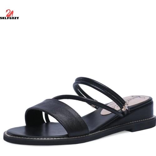 SKLFGXZY Summer New Arrival Black White Women Sandals Fashion Genuine Leather Womens Shoes Cowhide Fashion Sandals Slippers