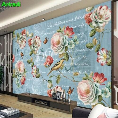 Modern minimalist wallpaper 3D background wall TV European classical hand-painted rose wallpaper mural decoration painting