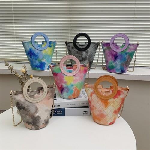 Fashion Tie-dye Bucket Bag for Women 2021 Round Handle Handbag Casual Lattice Shoulder Bag Female Chain Crossbody Messenger Bag
