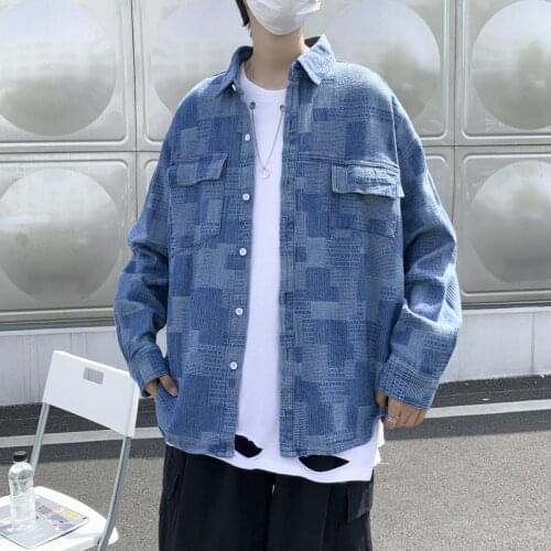 Trend Ins Retro Plaid Denim Shirt Loose Long-sleeved Shirt Hong Kong Style Spring Korean Tooling Shirt Jacket Harajuku Shirts