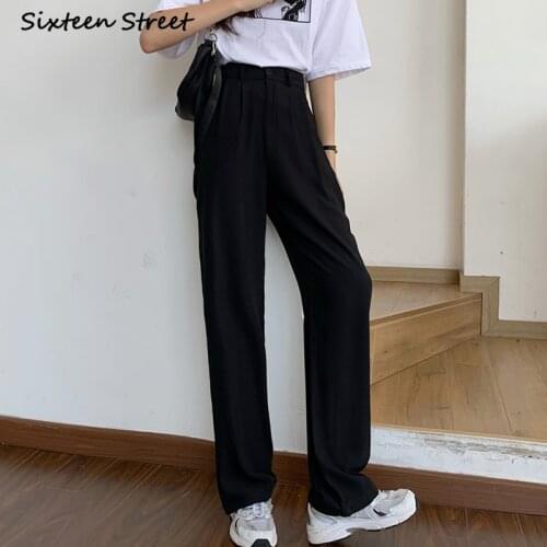 Spring Autumn Pants Office Lady Solid Full Length Loose Female Trousers High Waist Slim Straight Women Suit Pants Korean 2020
