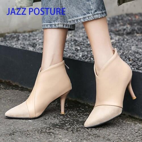 Leather Women Shoes Retro High Heel Ankle Boots Female Pointed Toe Sexy Party Boots Zipper Autumn Short Boots Size 34-43 z294