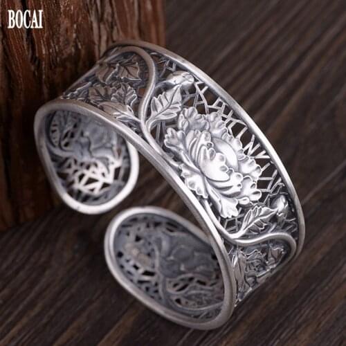 2020 news S990 pure silver bracelet female Thai silver antique engraving peony flower rich blossom wide version woman bracelet
