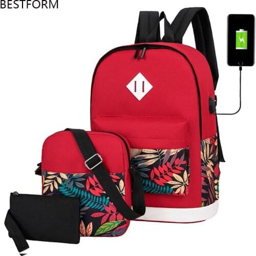 3 pieces set Nylon printing backpack USB charging laptop backpack women computer bags 2020 travel bagpack Female channels bag