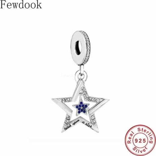 Fit Original Charm Bracelet Real 925 Sterling Silver Blue Zircon Star Make a Wish Pendant Bead For Making Women Berloque 2021