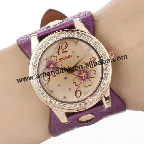 100pcs/lot New Ladies Womage Vintage Flower Watch For Fashion Women Dress Watches Calabash Leather Rhinestone Wrist Watches