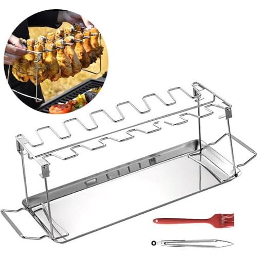 14 Slots Folding Chicken Leg Wing Grill Rack Stainless Steel Roaster Stand Hang Up To 14 Chicken Legs or Wings for Smoker Grill