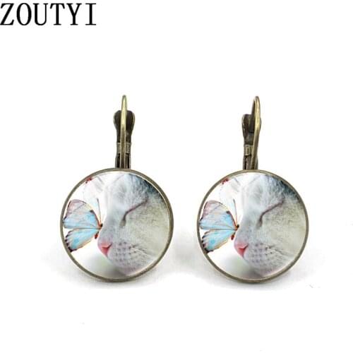 2019 / new creative cat sniffing butterfly photos, convex glass inlaid earrings, ladies wear earrings jewelry gifts