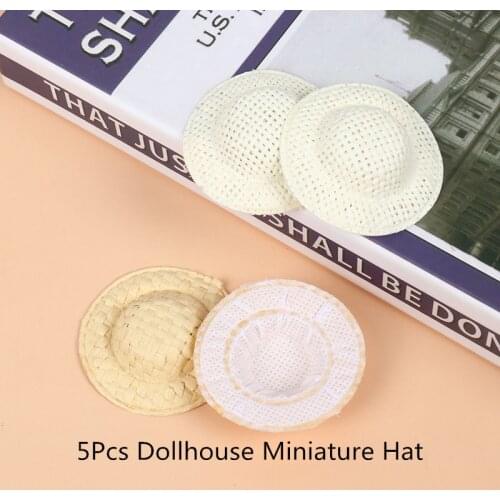 5Pcs Dollhouse Miniature Straw Beach Hat Dollhouse Doll Hat Doll House Ornament Mini Sunhat
