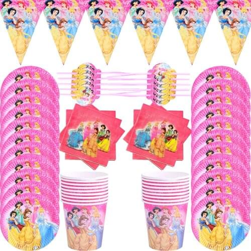51pcs/lot Birthday Party Supplies For 10 Kids Disney Princess Party set Paper Garland Plates Cups Baby Shower Decoration
