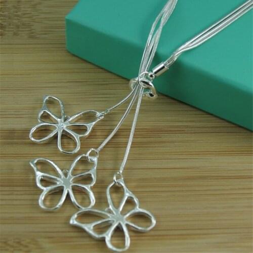 BABYLLNT 925 Silver Three Butterfly Pendant Snake Chain Necklace For Women Charm Jewelry Gift
