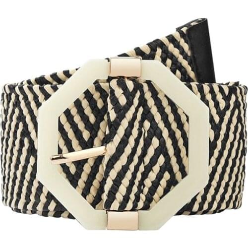 Bauhinia Brand 92*4.8cm High Quality Octagonal Plastic Buckle Elastic Wide Belt Decorative Dress Lady Pin Buckle Belt